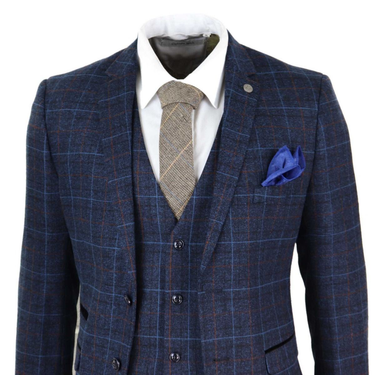 Mens 3 Piece Navy Blue Tweed Check Vintage Suit