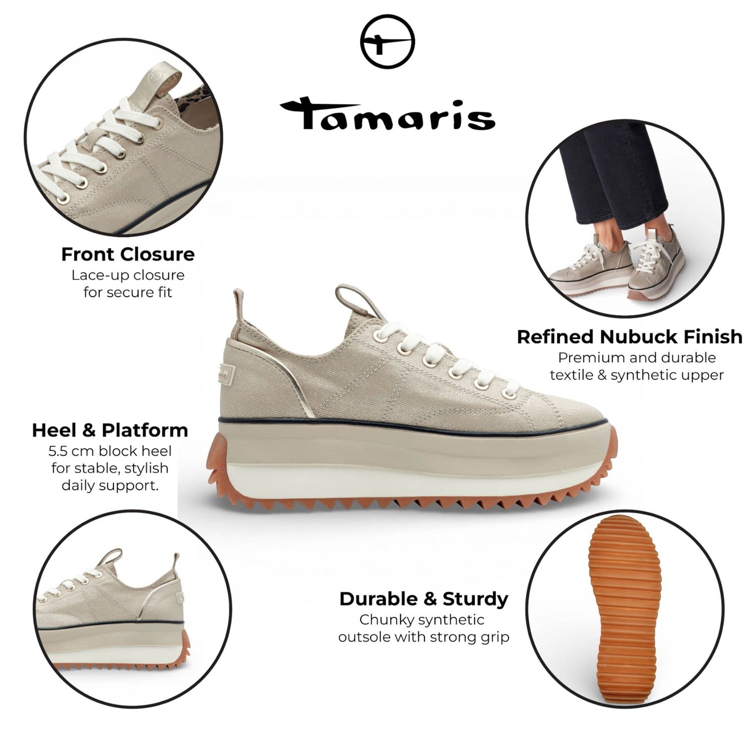 Tamaris Women’s Platform Trainers Beige Lace-Up Sneaker Shoes