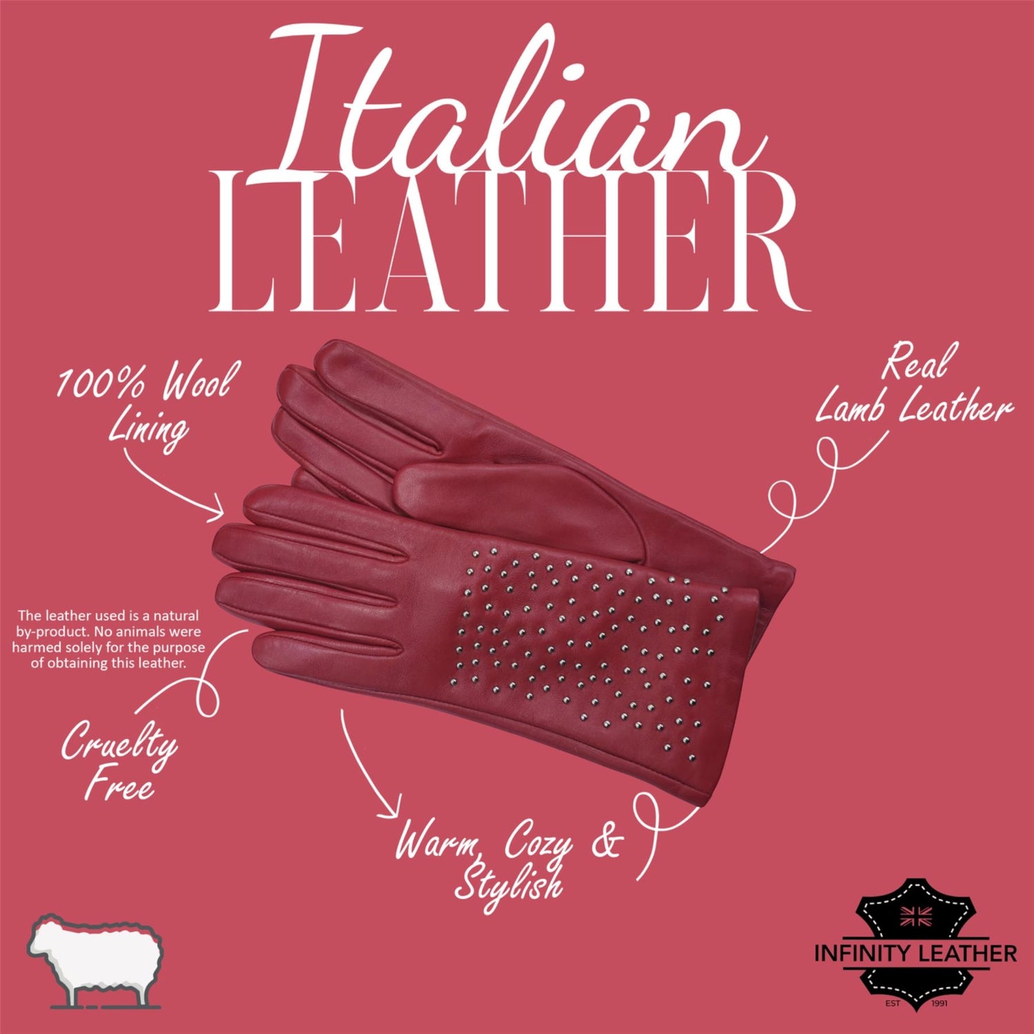 Womens Italian Leather Winter Studded Design Soft Wool Lining Gloves - L-GLV-601