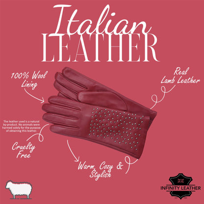 Womens Italian Leather Winter Studded Design Soft Wool Lining Gloves - L-GLV-601