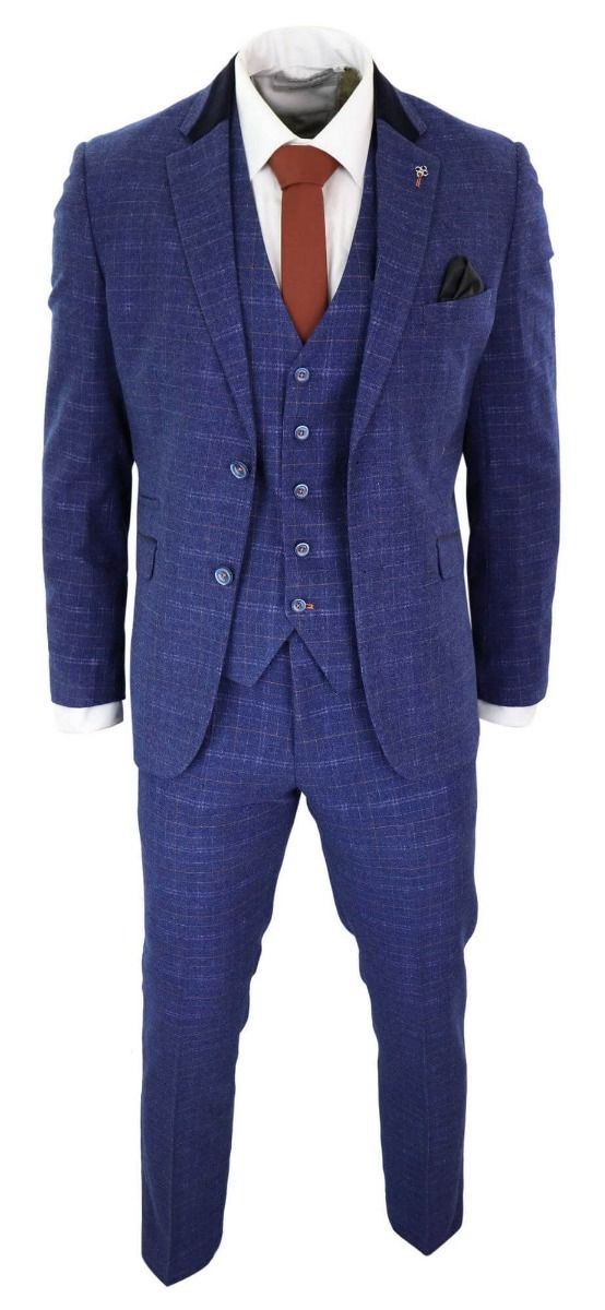 Mens 3 Piece Blue Tweed Check Vintage Classic Suit - Upperclass Fashions 