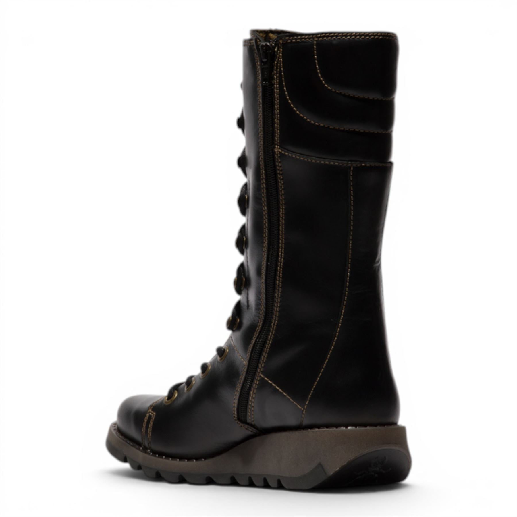 Fly London Women’s Black Leather Lace-Up Combat Ankle Boots- STER768