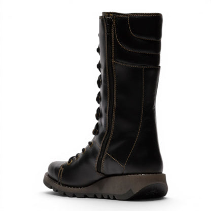 Fly London Women’s Black Leather Lace-Up Combat Ankle Boots- STER768