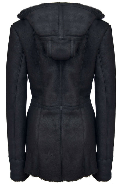 Womens Hooded Black Merino Sheepskin Jacket-Rothwell