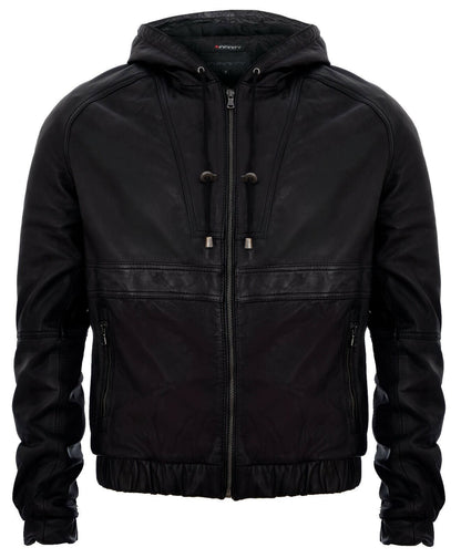 Mens Leather Hooded Bomber Jacket-Chorley