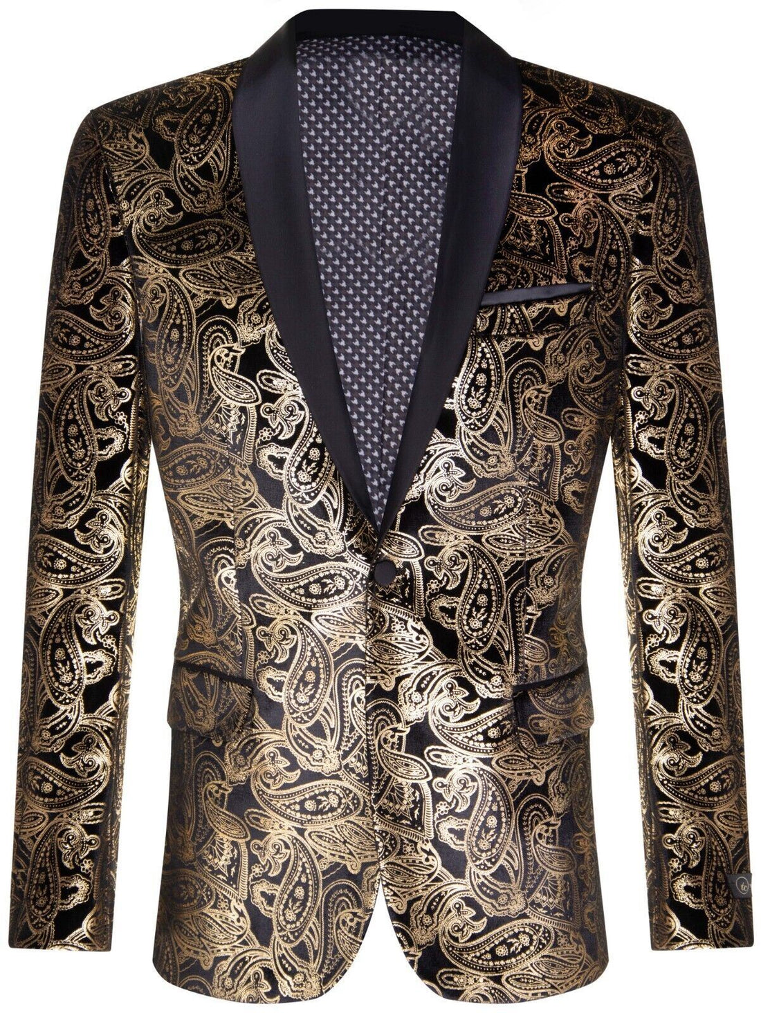 Mens Classic Gold Paisley Black Velvet Tuxedo Dinner Jacket Tailored Fit Blazer