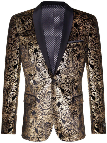 Mens Classic Gold Paisley Black Velvet Tuxedo Dinner Jacket Tailored Fit Blazer