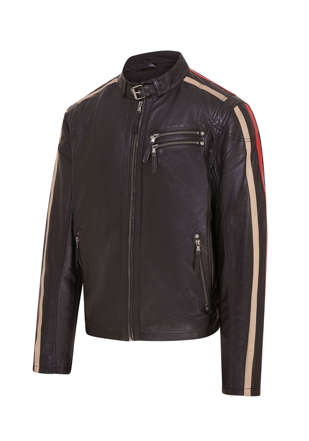 Mens Striped Café Racer Biker Leather Jacket - Alta