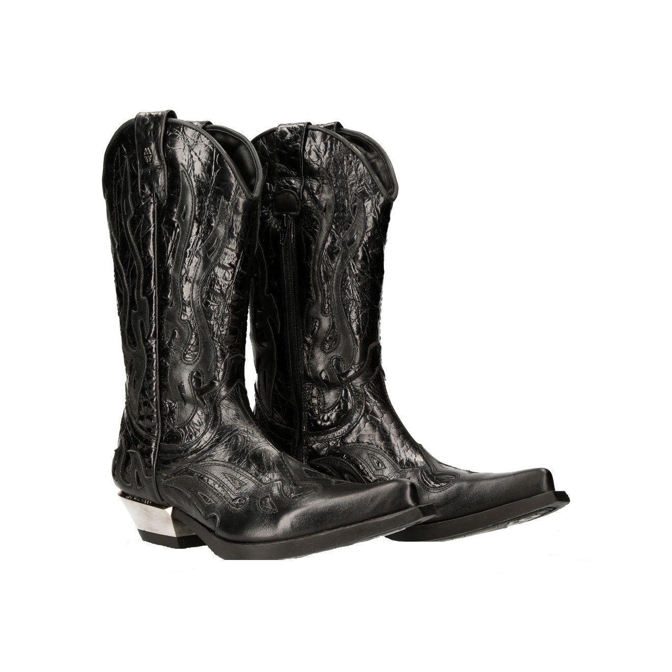 New Rock Flame Accented Black Leather Biker Cowboy Boots- M-7921-S1 - Upperclass Fashions 