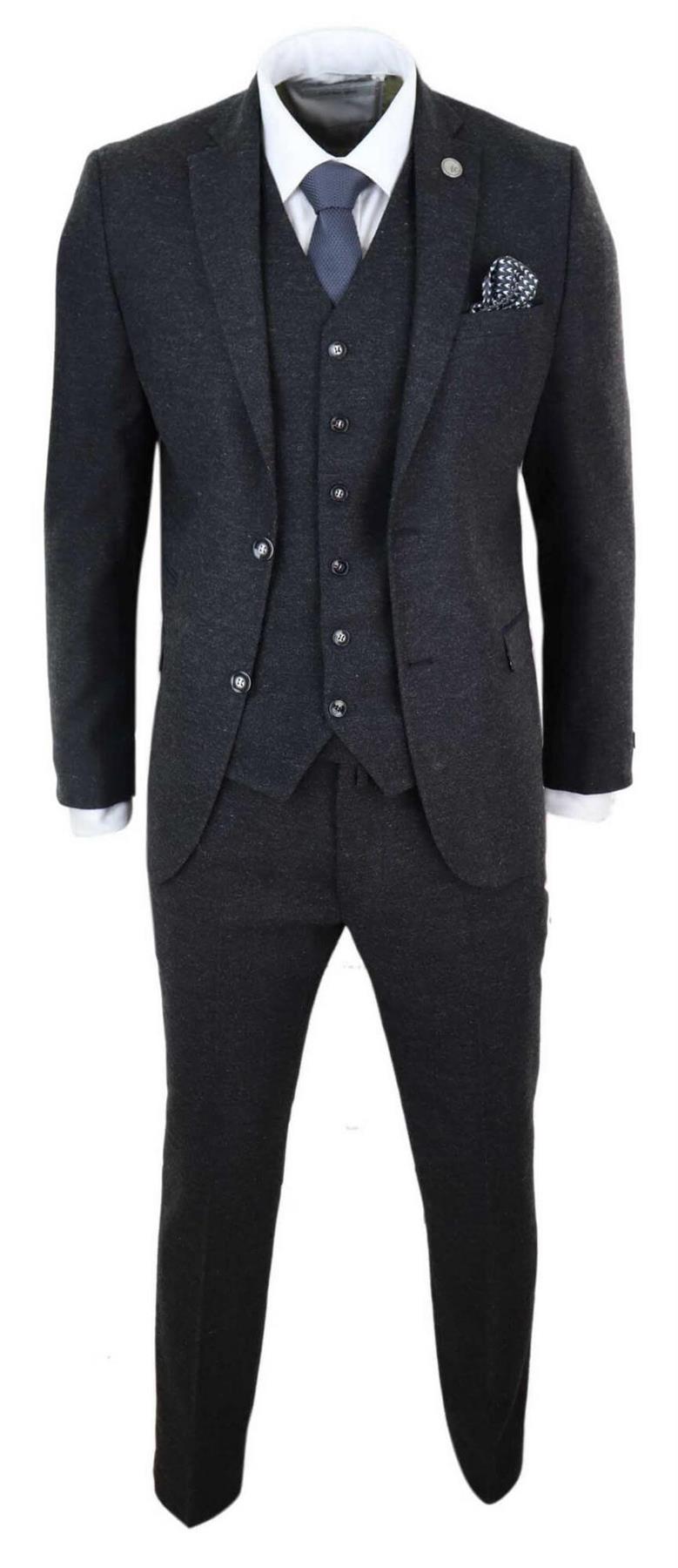 Mens 3 Piece Black Wool Tweed Vintage Retro Suit