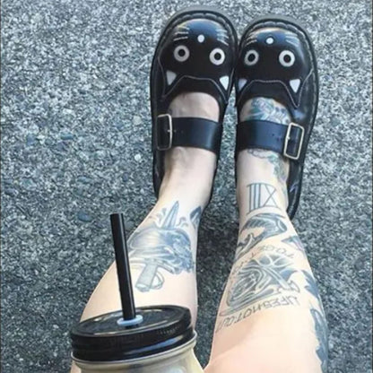 TUK Womens Mary Jane Kitty Black Leather Platform Goth Shoes - T2025