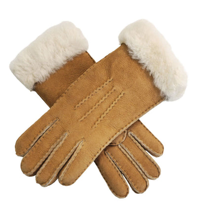 Womens Genuine Sheepskin Suede Gloves with Fur Cuff