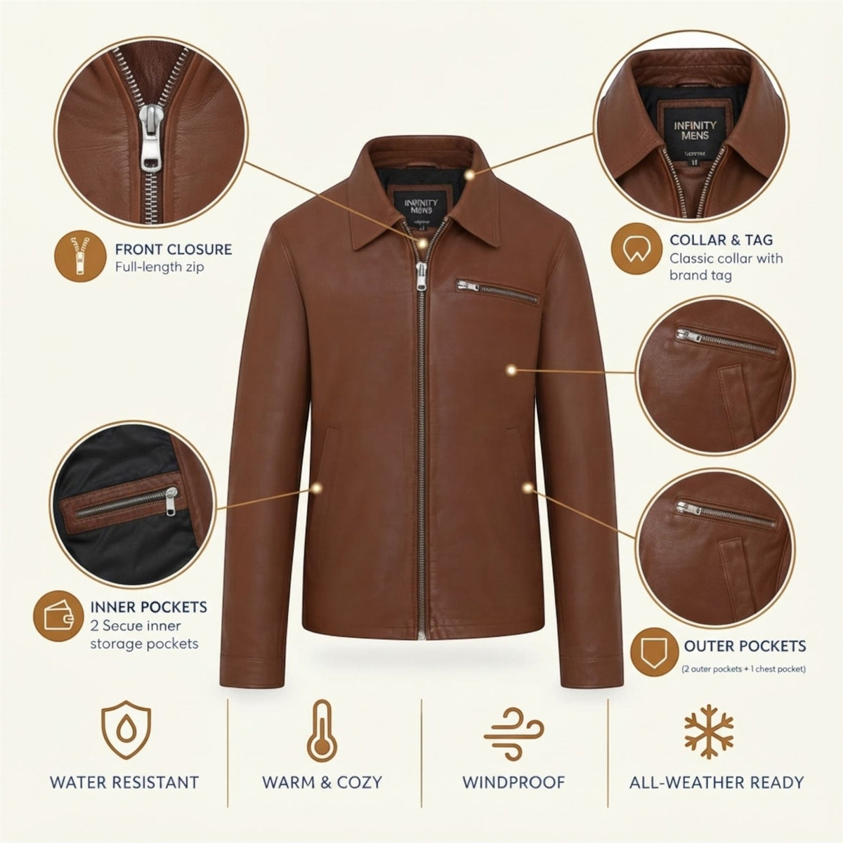 Mens Leather Harrington Collar Biker Jacket - Arick