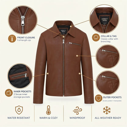 Mens Leather Harrington Collar Biker Jacket - Arick