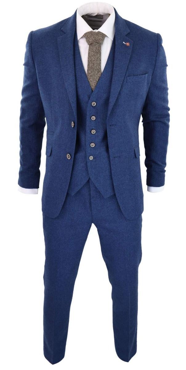 Mens 3 Piece Blue Tweed Wool Twill Vintage Classic Suit - Upperclass Fashions 