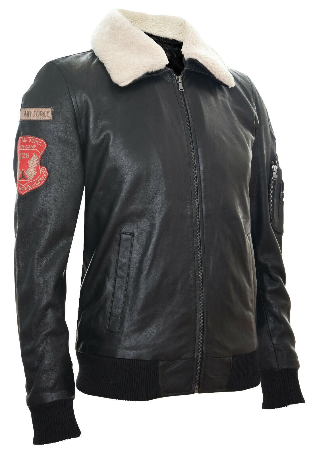 Black Leather Air Force Bomber Jacket with Detachable Collar - Miami - Upperclass Fashions 