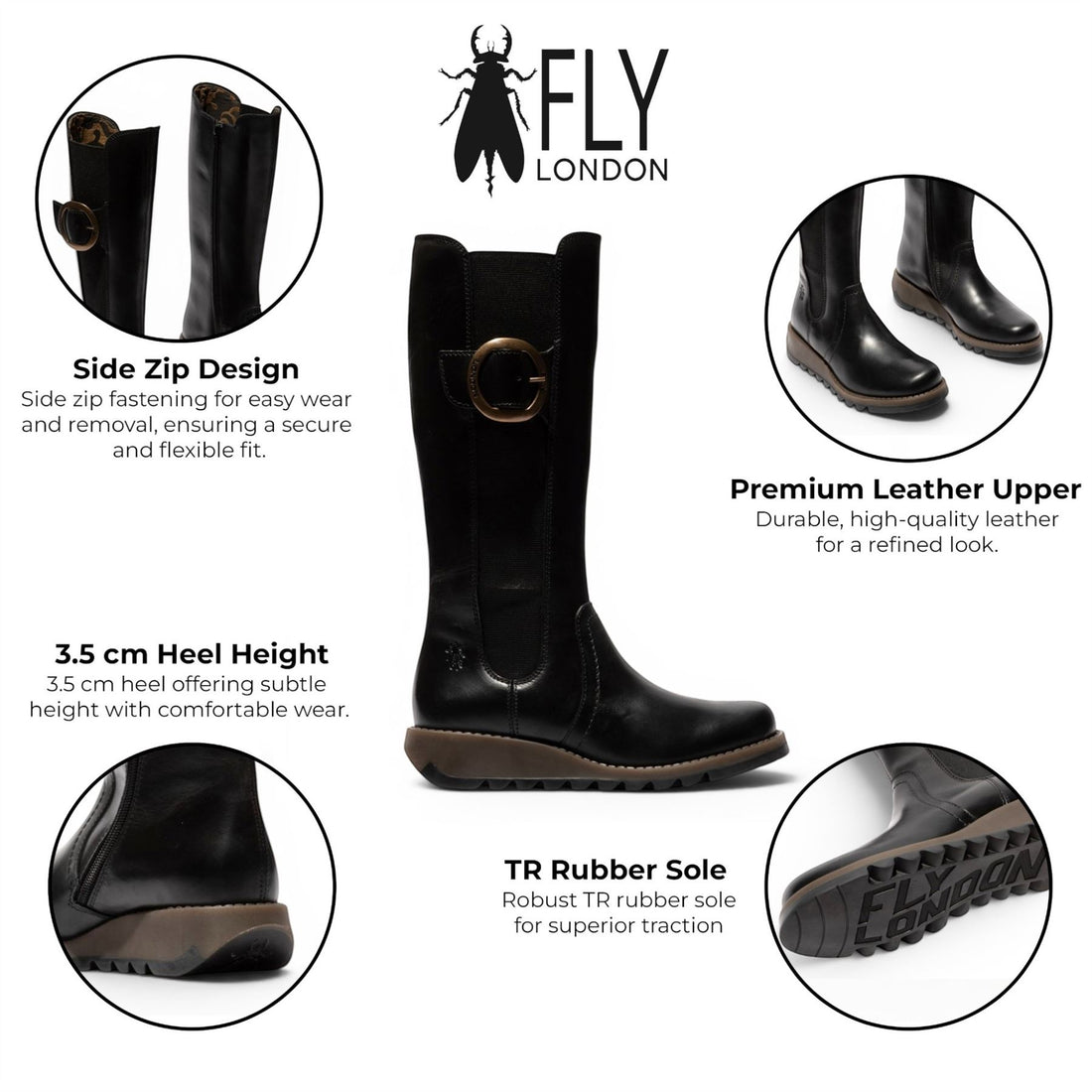 Fly London Womens Black Leather Knee-High Long Boots - SOIF361