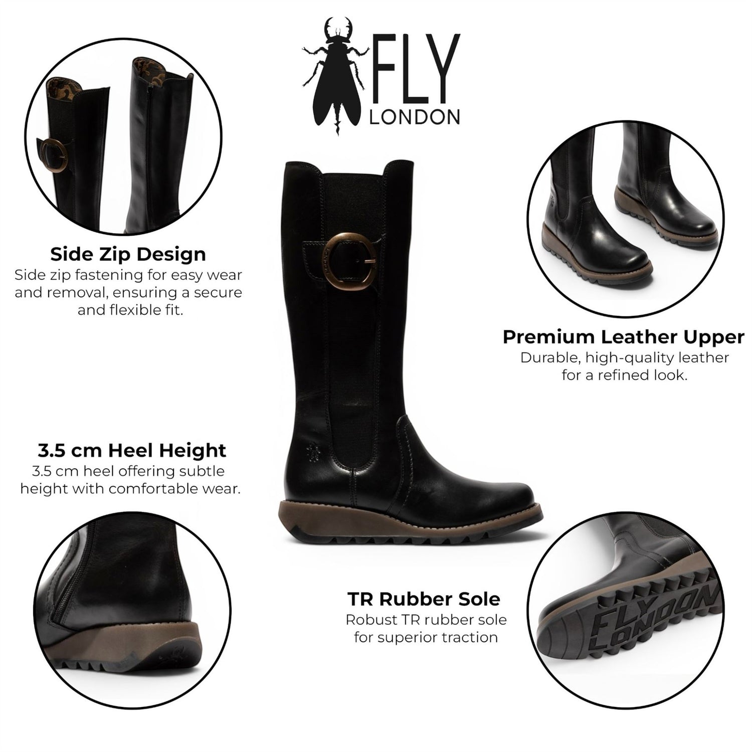 Fly London Womens Black Leather Knee-High Long Boots - SOIF361