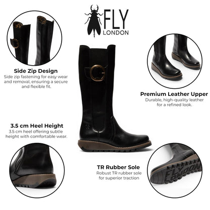 Fly London Womens Black Leather Knee-High Long Boots - SOIF361