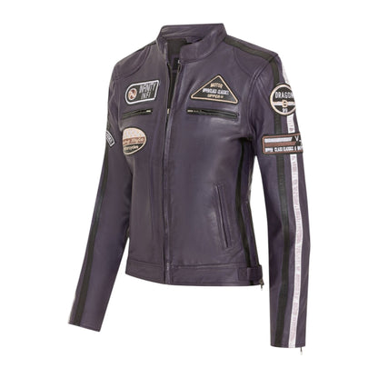 Womens Biker Racing Badges Leather Jacket-Eastleigh