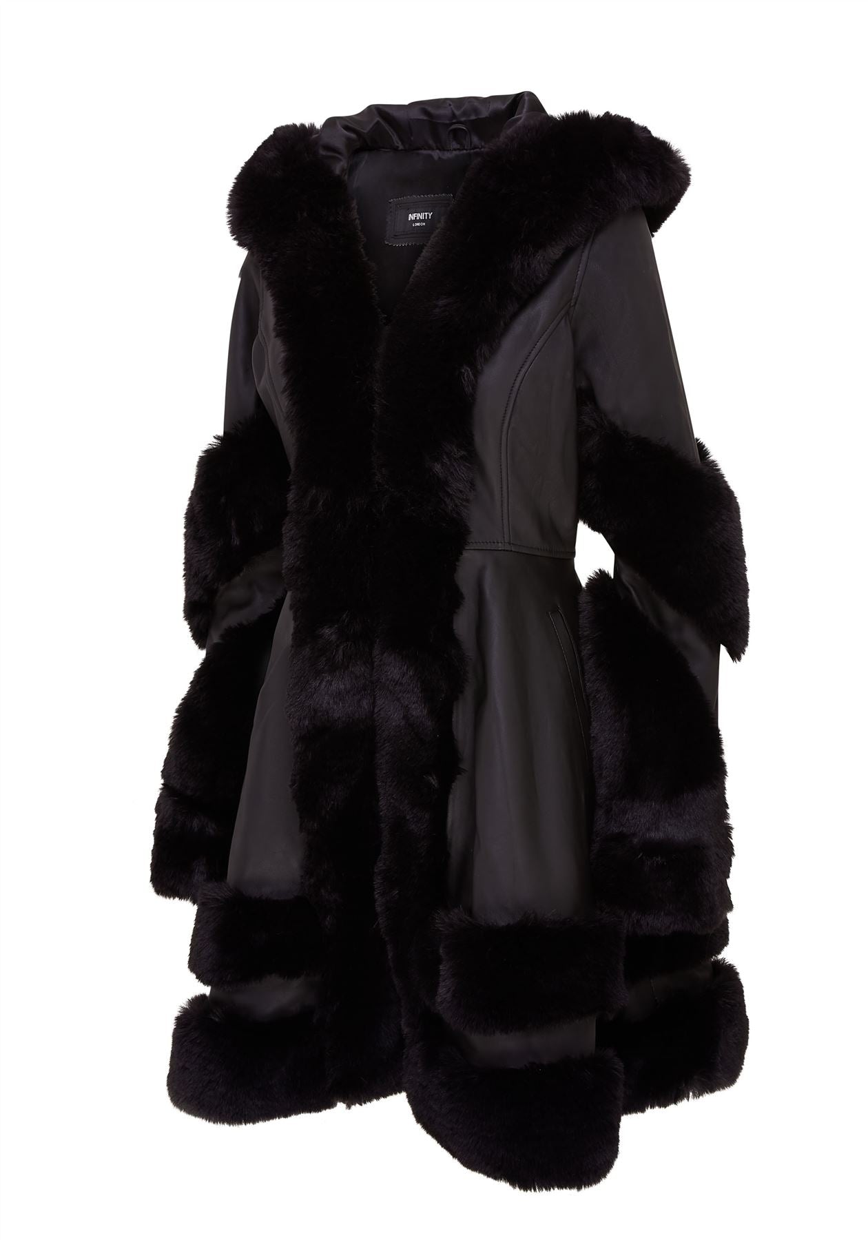 Womens Flared Black Leather Hooded Cape Coat With Fur - Mandal