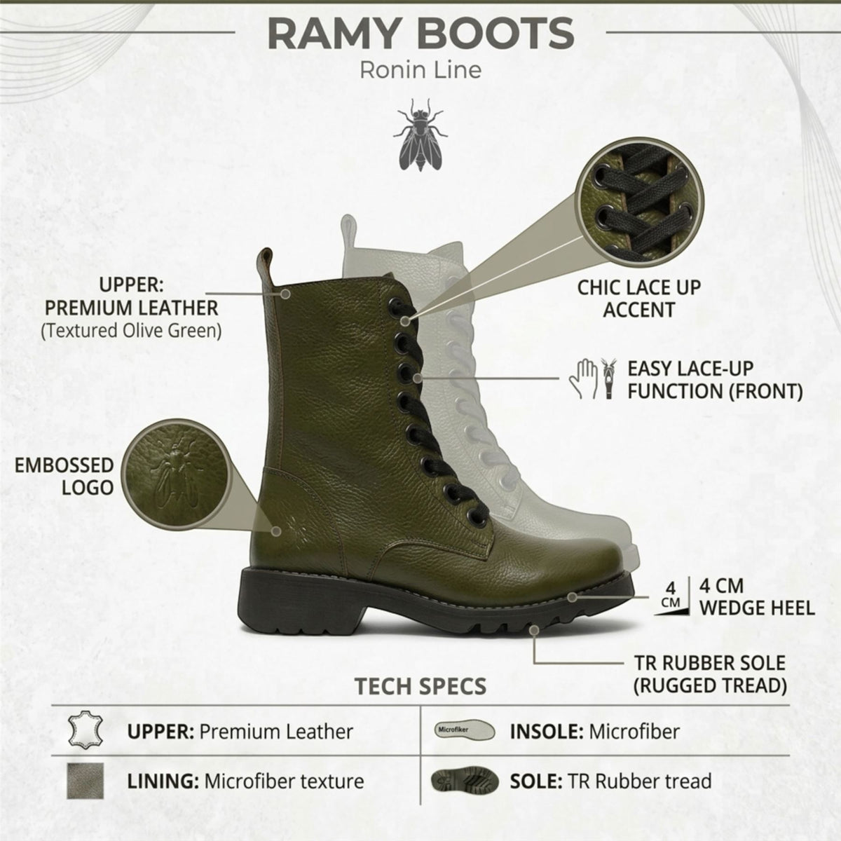 Fly London Womens Military Green Leather Lace-Up Heeled Ankle Boots - RAMY488