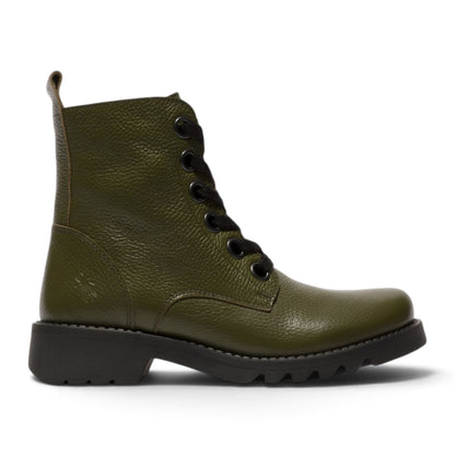 Fly London Womens Military Green Leather Lace-Up Heeled Ankle Boots - RAMY488