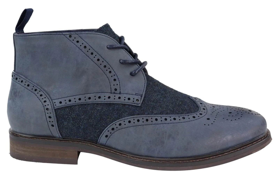 Mens Classic Tweed Oxford Brogue Ankle Boots in Blue Leather - Upperclass Fashions 