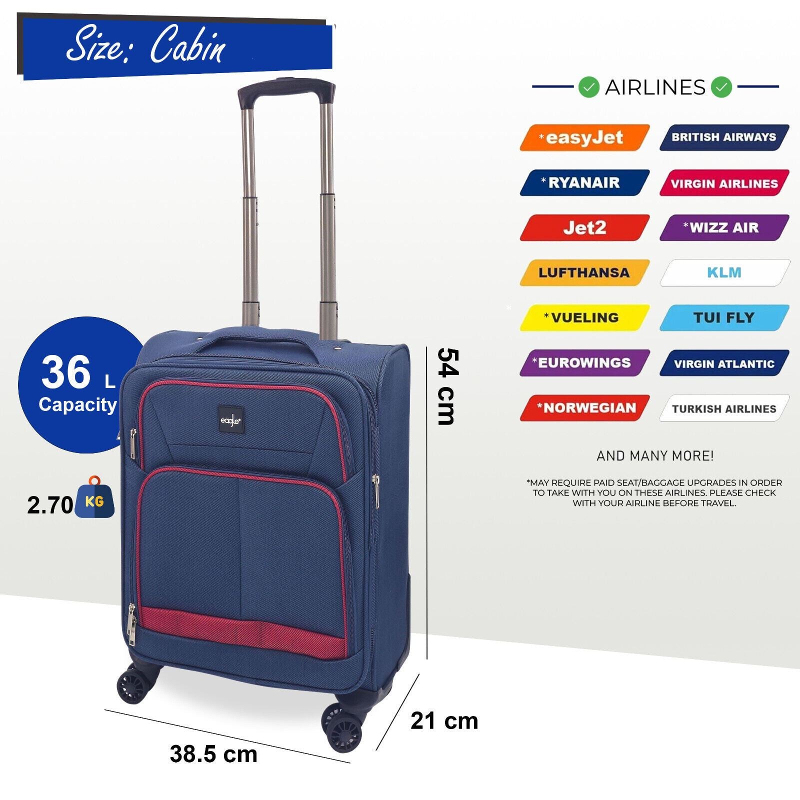 Soft Shell Cabin Suitcase 54 x 38 x 21 cm Lightweight Luggage Suitable for Easyjet, Ryanair