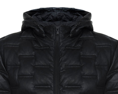 Mens Hooded Puffer Leather Bomber Jacket - Tadley