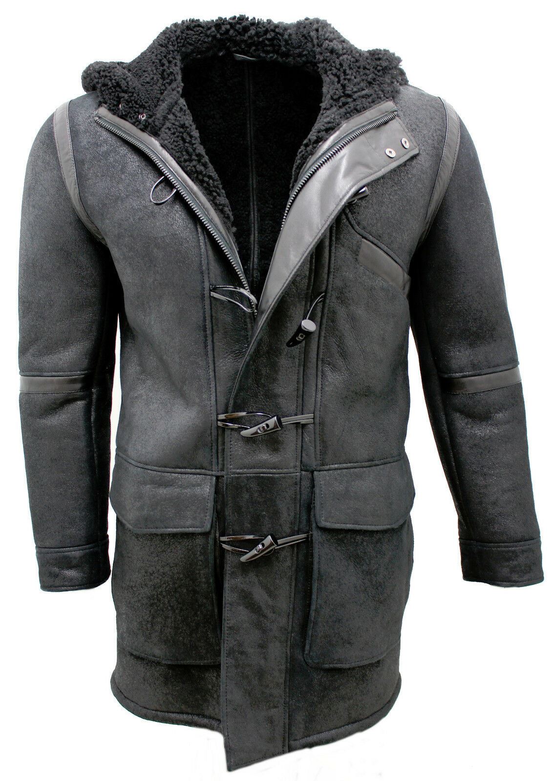 Mens Sheepskin Leather Hooded Duffle Coat-Langport
