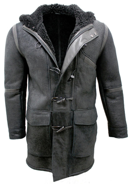 Mens Sheepskin Leather Hooded Duffle Coat-Langport