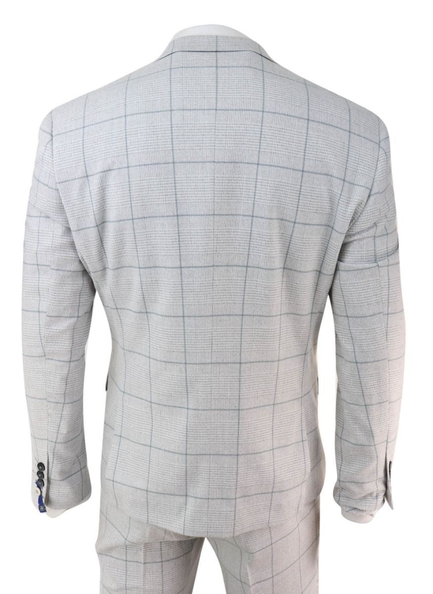 Mens 3 Piece Light Grey Check Tweed Vintage Retro Classic Suit