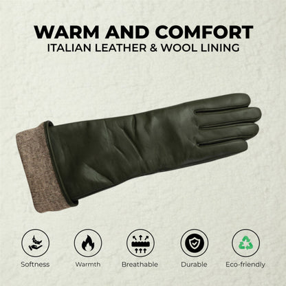 Womens Long Italian Leather Winter Soft Wool Lining Gloves