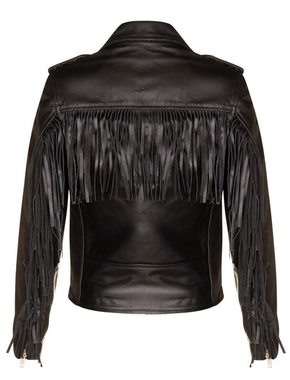 Womens FRINGE Brando Cow Hide Leather Biker Jacket-Mossley