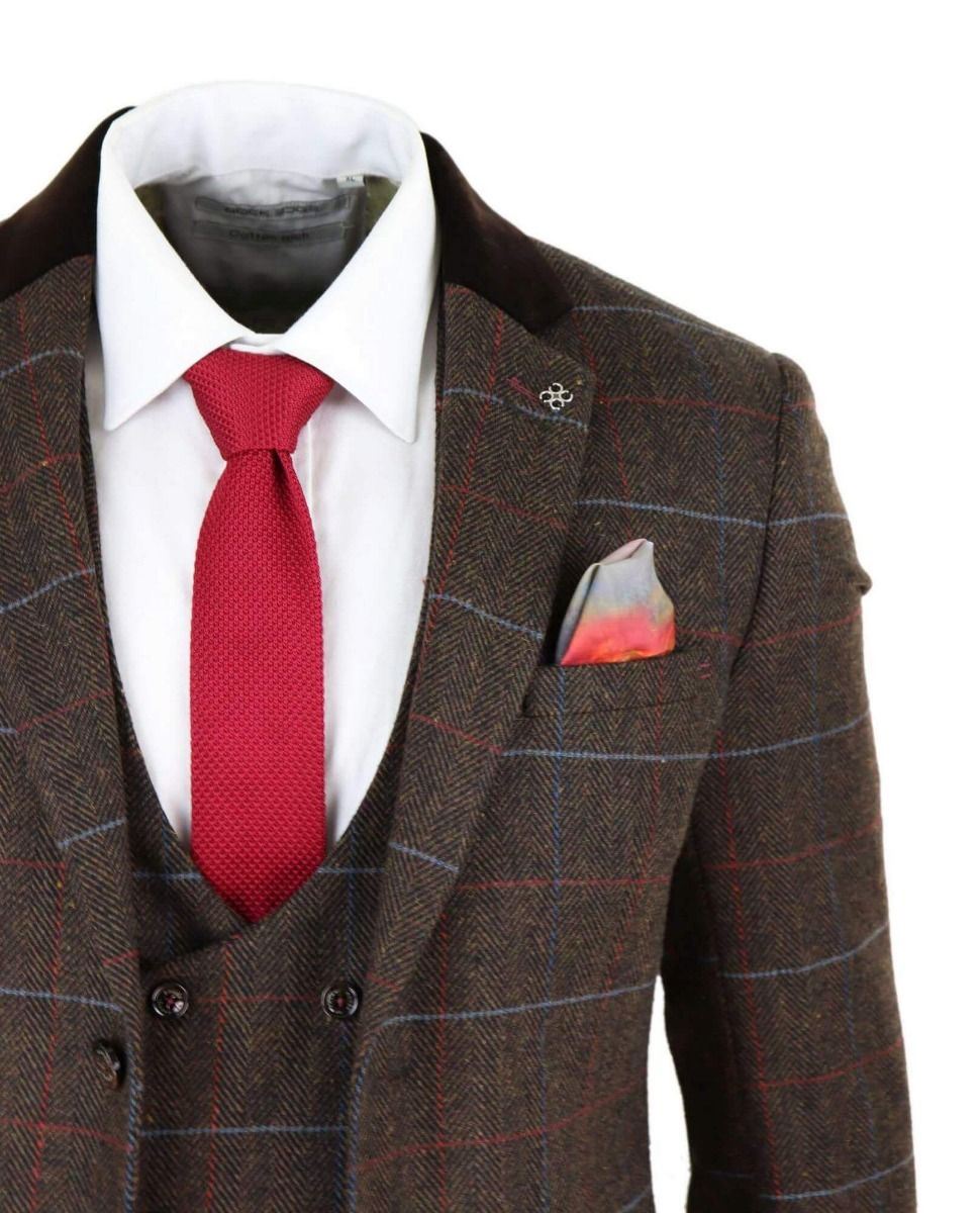 Mens 3 Piece Dark Brown Check Tweed Herringbone Vintage Classic Suit - Upperclass Fashions 