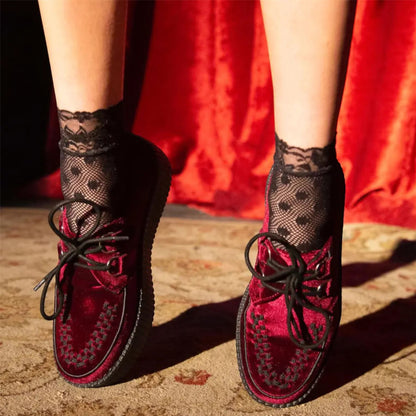 TUK Viva High Creeper Burgundy Velvet Platform Lace-Up Goth Shoes - AV6802