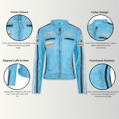 Womens Biker Racing Badges Leather Jacket-Eastleigh