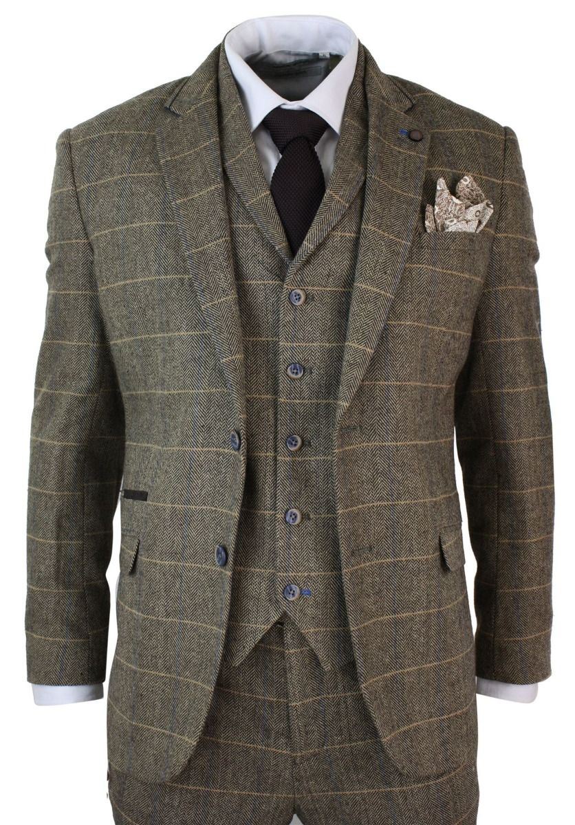 Mens 3 Piece Tan Brown Check Tweed Herringbone Vintage Classic Suit - Upperclass Fashions 