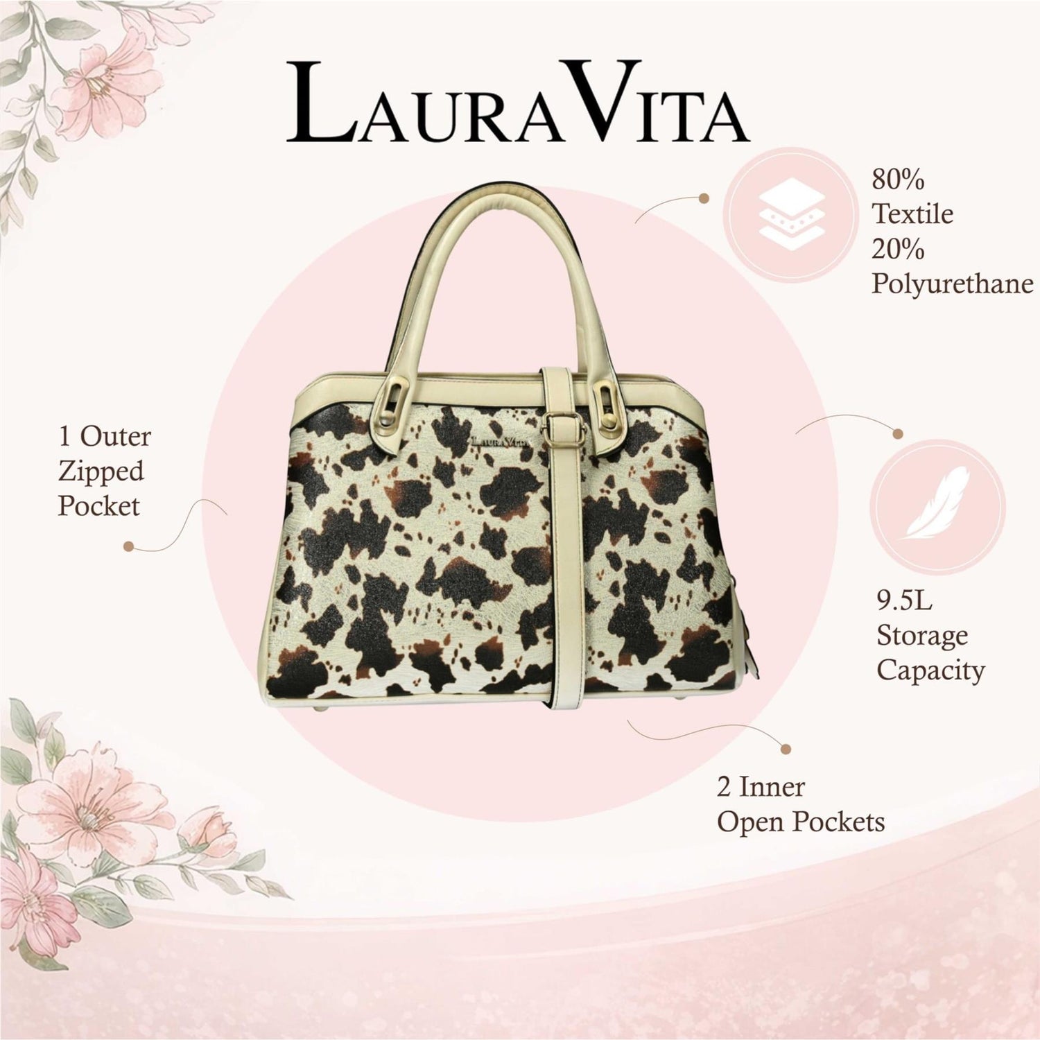 Laura Vita Aramis-08 Womens Tan Floral Print Adjustable Straps Shoulder Tote Handbag