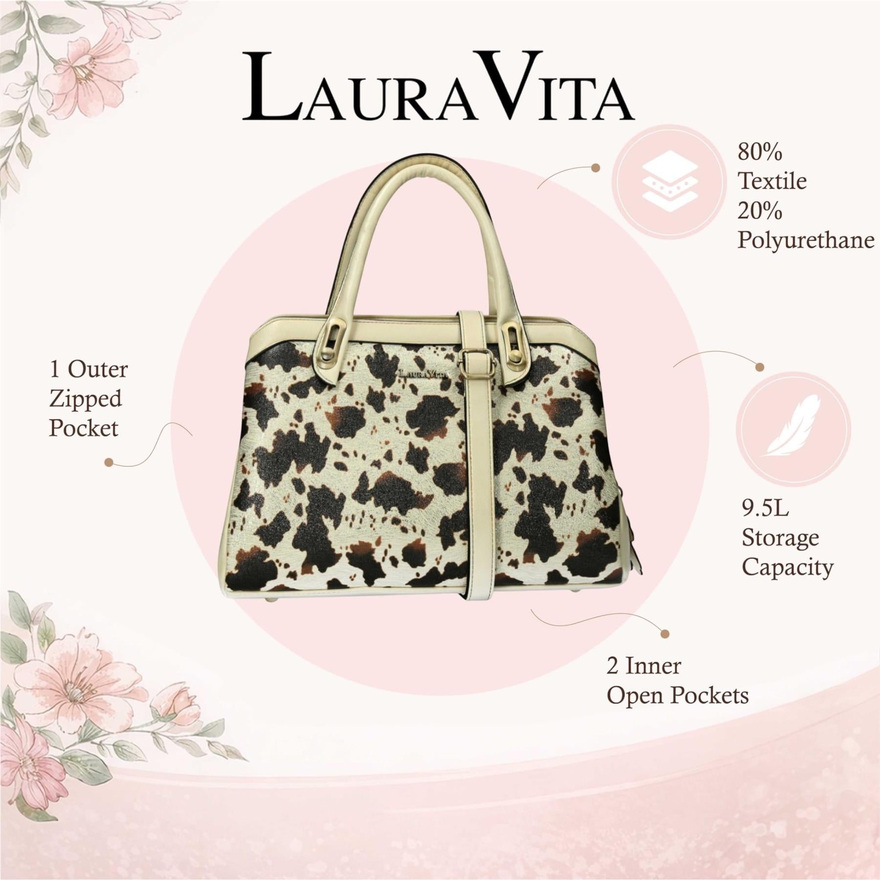 Laura Vita Aramis-08 Womens Tan Floral Print Adjustable Straps Shoulder Tote Handbag