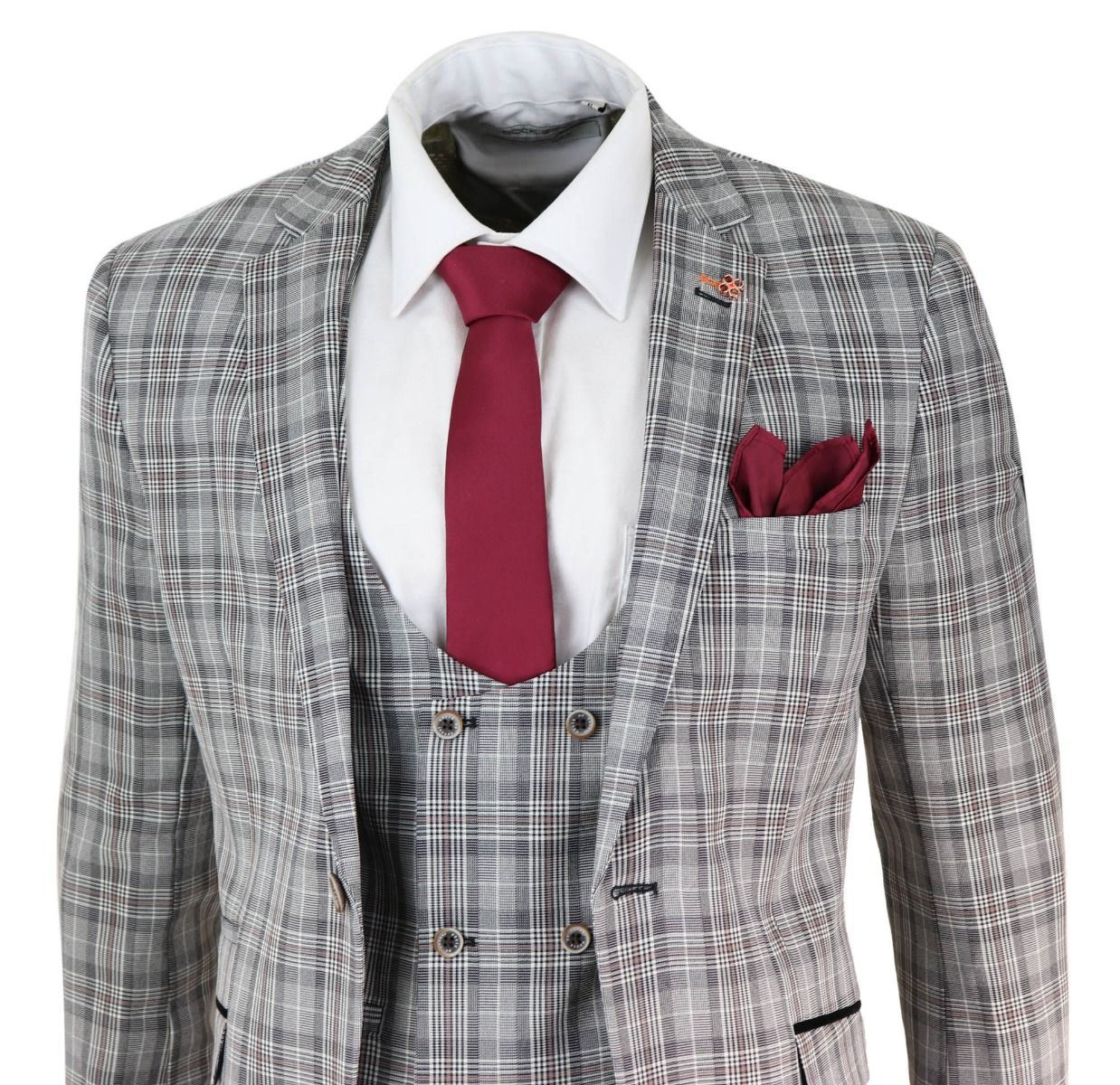 Mens 3 Piece Grey Check Retro Vintage Classic Suit - Upperclass Fashions 