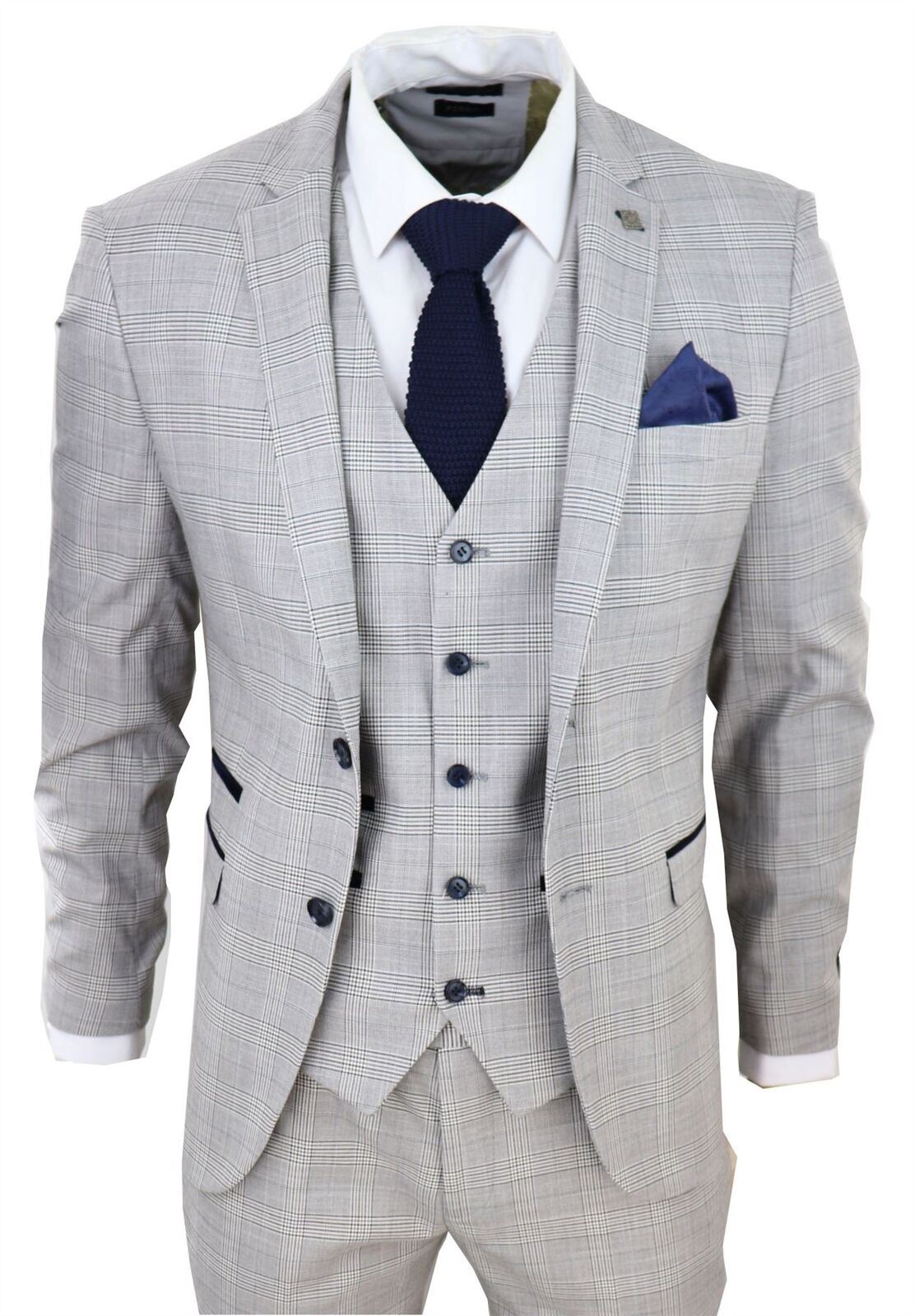 Mens Grey 3 Piece Tan Brown Check Tailored Fit Suit - Upperclass Fashions 