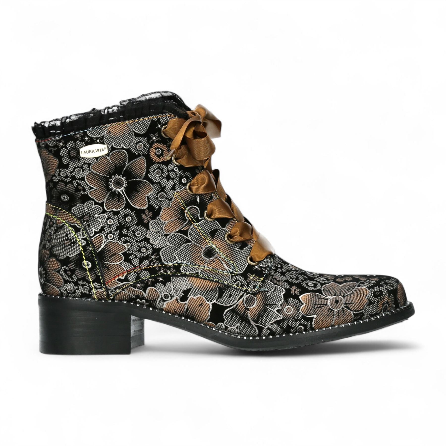 Laura Vita Emcmao-45 Brown Floral Womens Gothic Victorian Leather Ankle Heeled Boots