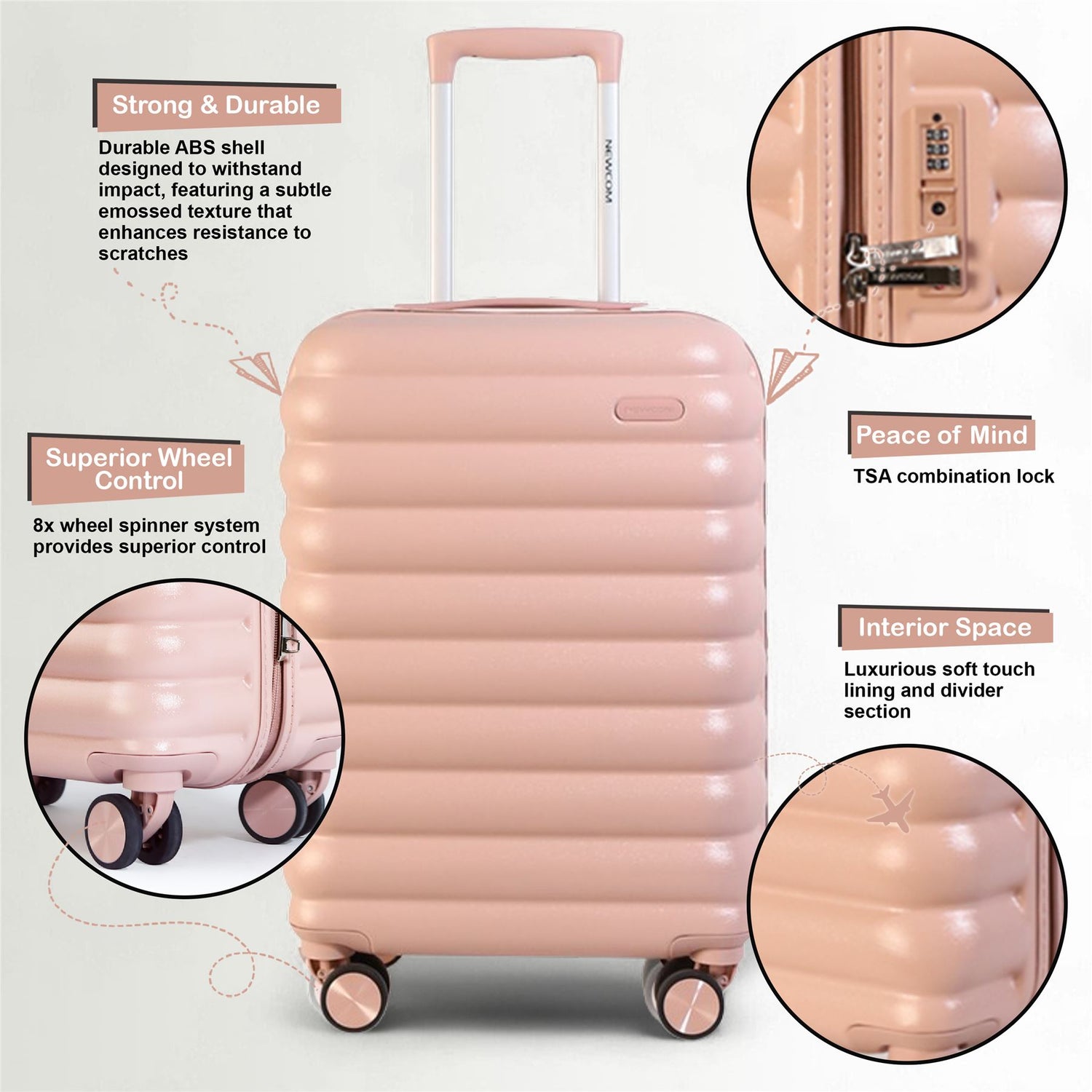 Hard Shell Cabin 37 x 22 x 55 cm Pink TSA Secure Luggage Suitcase Suitable for Easyjet, Ryanair