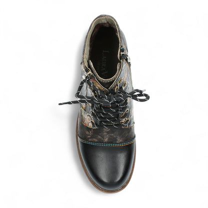 Laura Vita Anita 006 Black Floral Womens Gothic Victorian Leather Ankle Boots