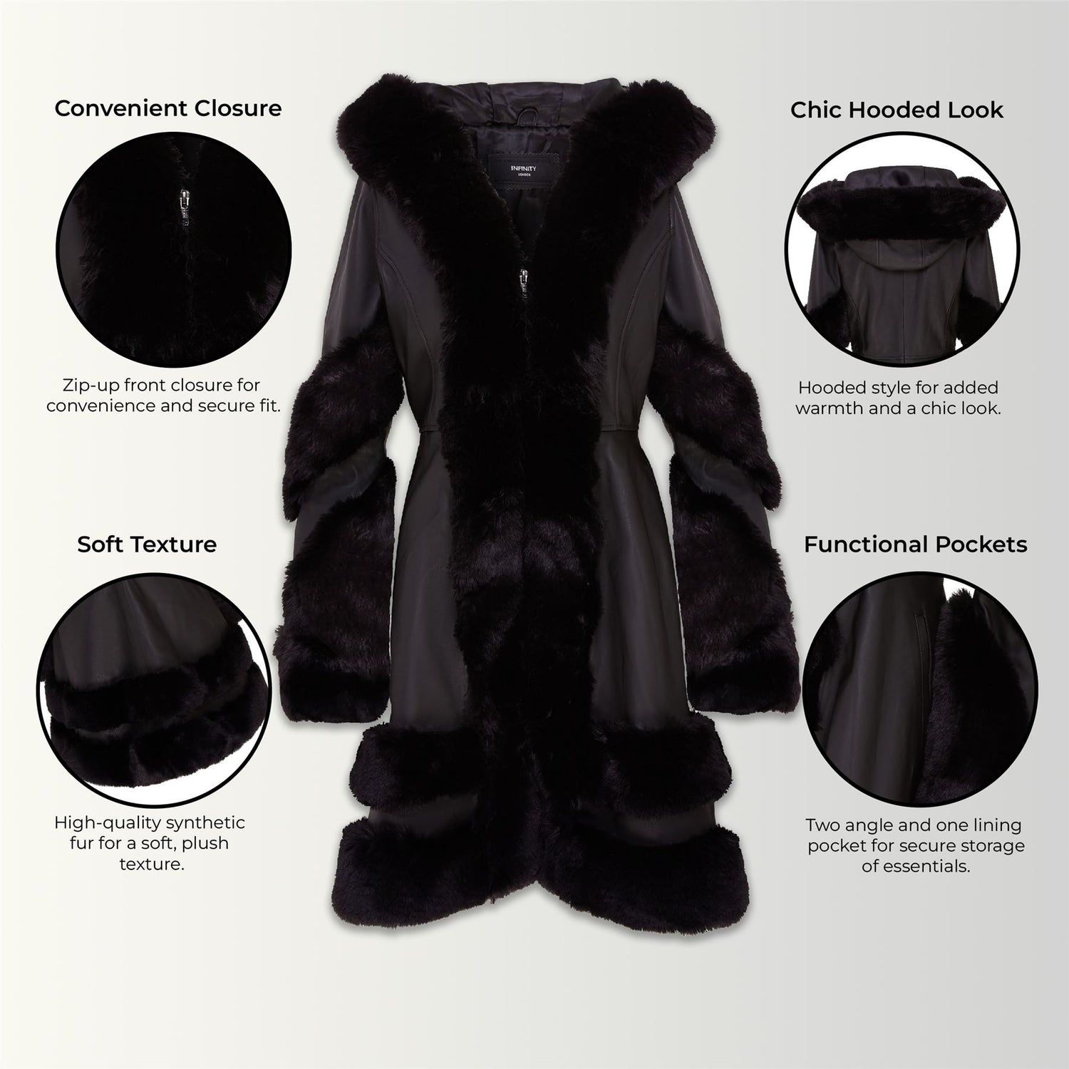 Womens Flared Black Leather Hooded Cape Coat With Fur - Mandal