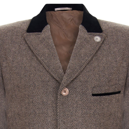 Mens 3/4 Brown Long Crombie Overcoat Jacket Herringbone Tweed Coat Peaky Blinder