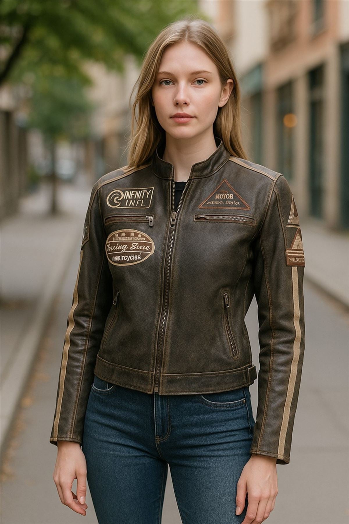 Womens Biker Racing Badges Leather Jacket-Eastleigh
