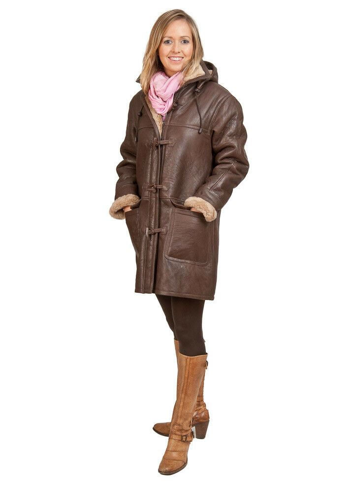 Womens Brown Shearling Hooded Duffle Coat-Rugby